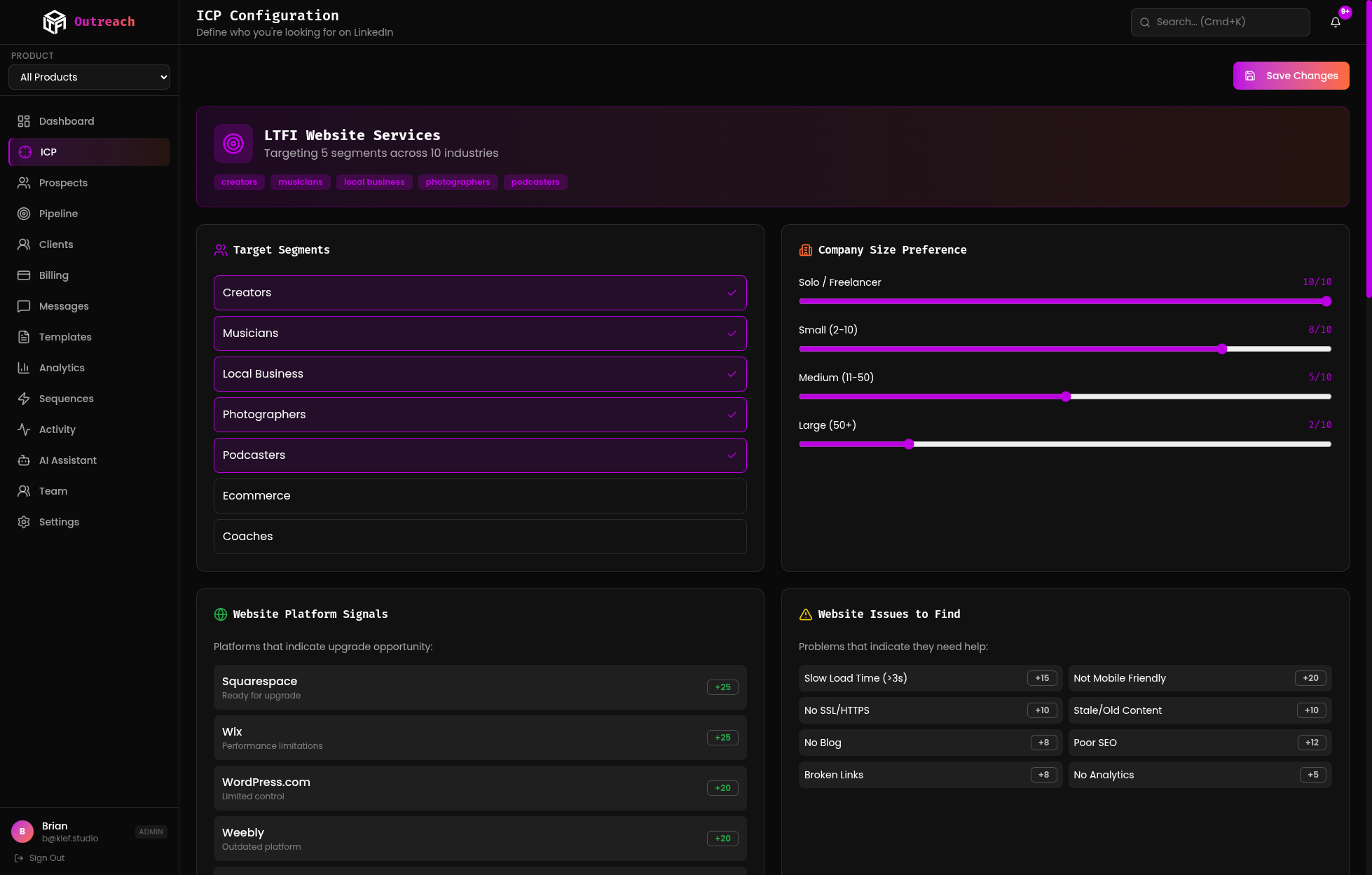 ICP configuration with segment definitions, company size filters, and qualification signals