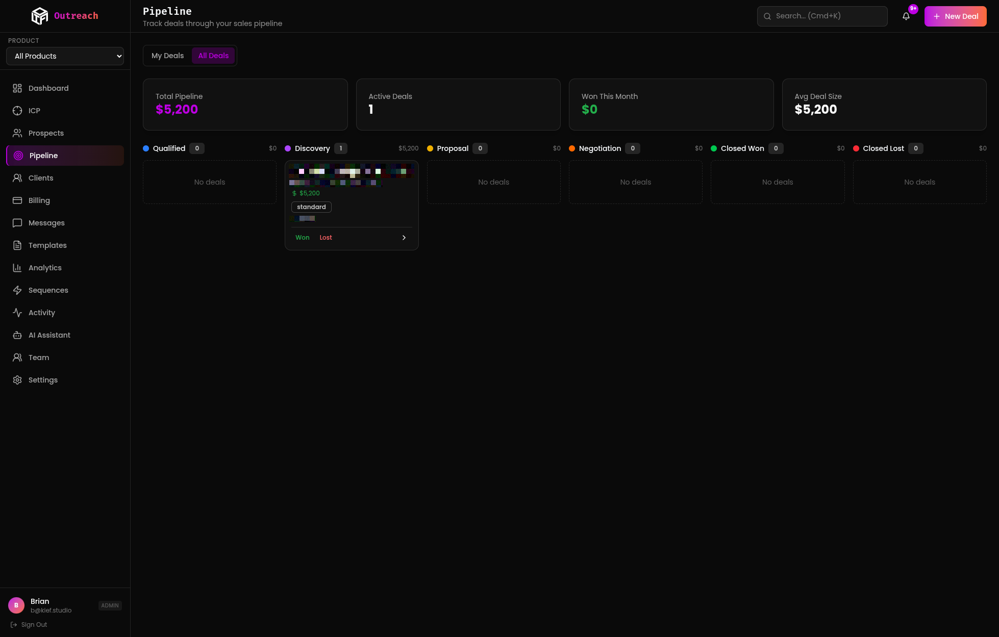 Pipeline view with deal stages, totals per stage, and deal cards