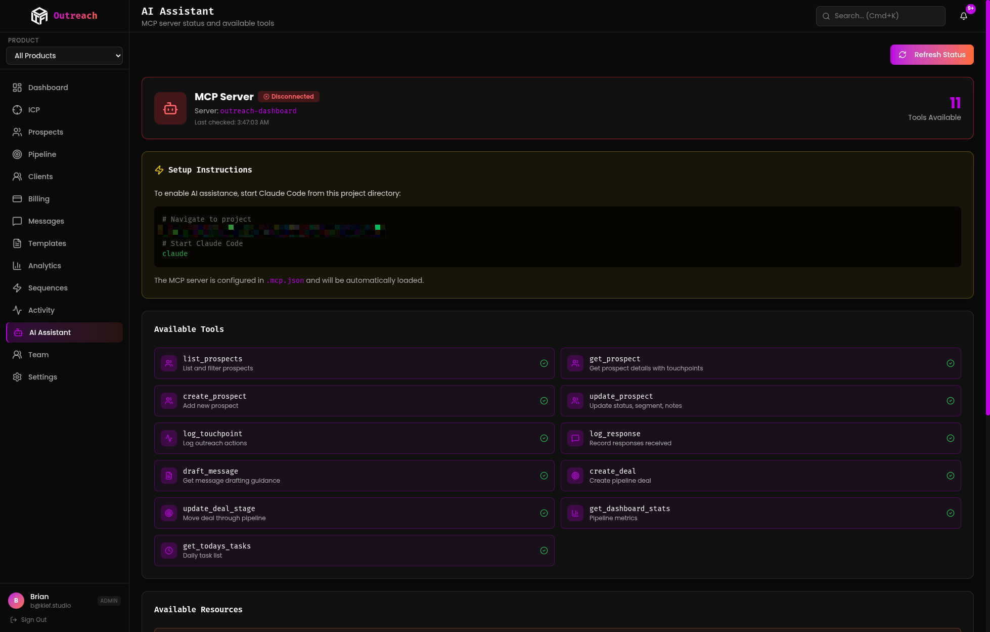 AI Assistant page with integrated MCP tools for prospecting and messaging