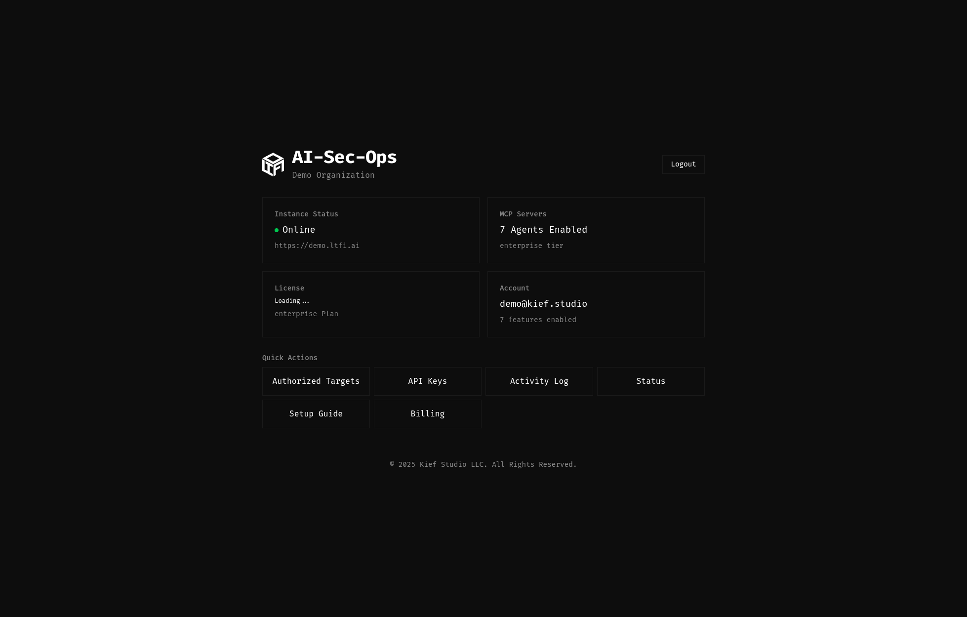 Security operations dashboard showing instance status, active agents, and quick actions