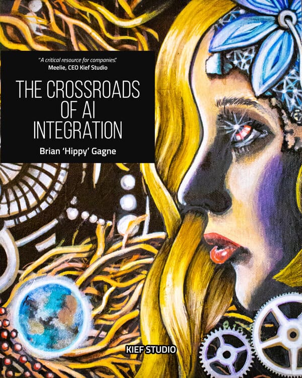 Cover of The Crossroads of AI Integration: the title in white on a black panel over a hand-painted portrait of a woman with gold hair, a blue flower and gears.