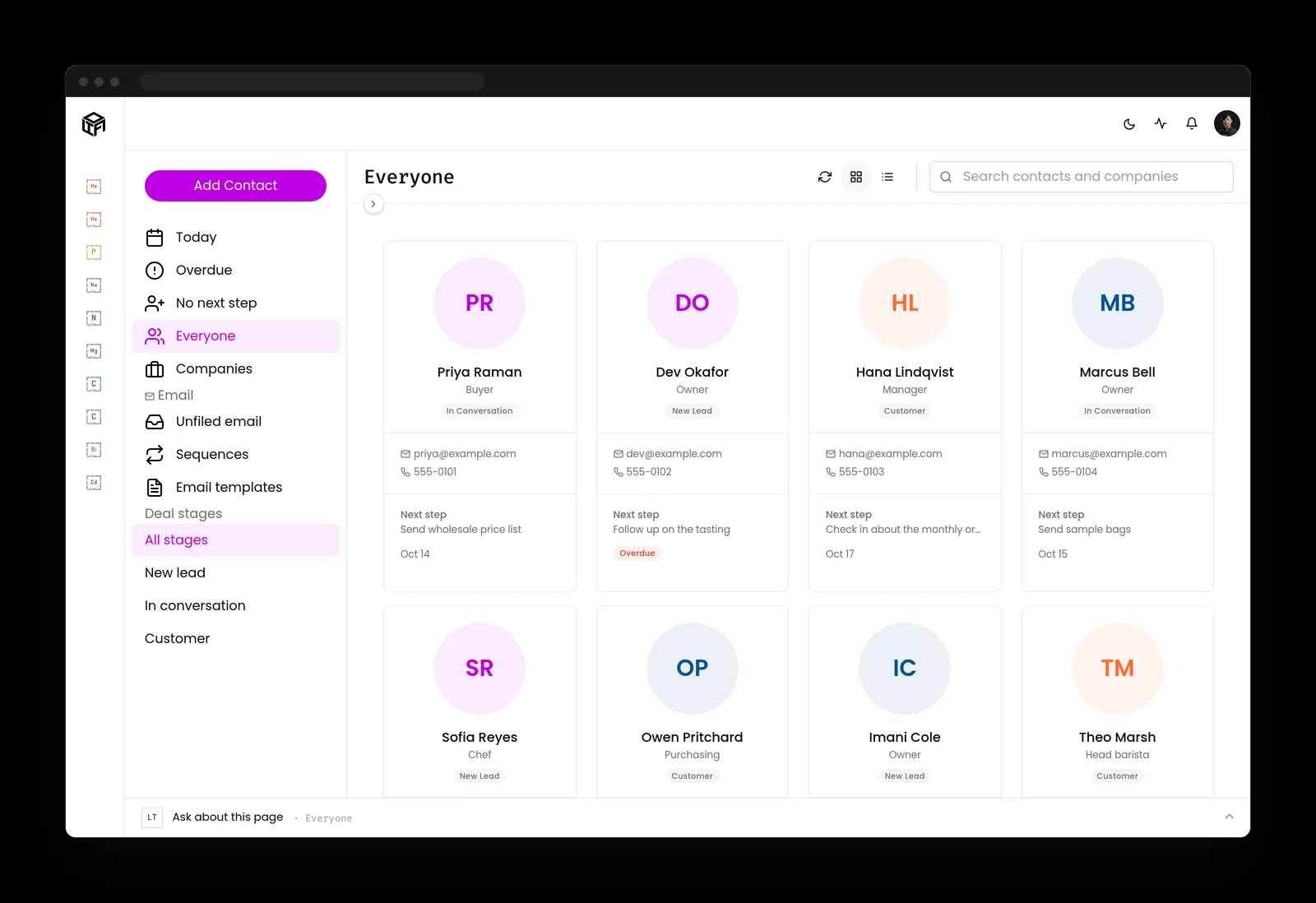 Contacts screen showing eight people as cards with email, phone, stage, next step and overdue markers, beside a menu for email and deal stages.