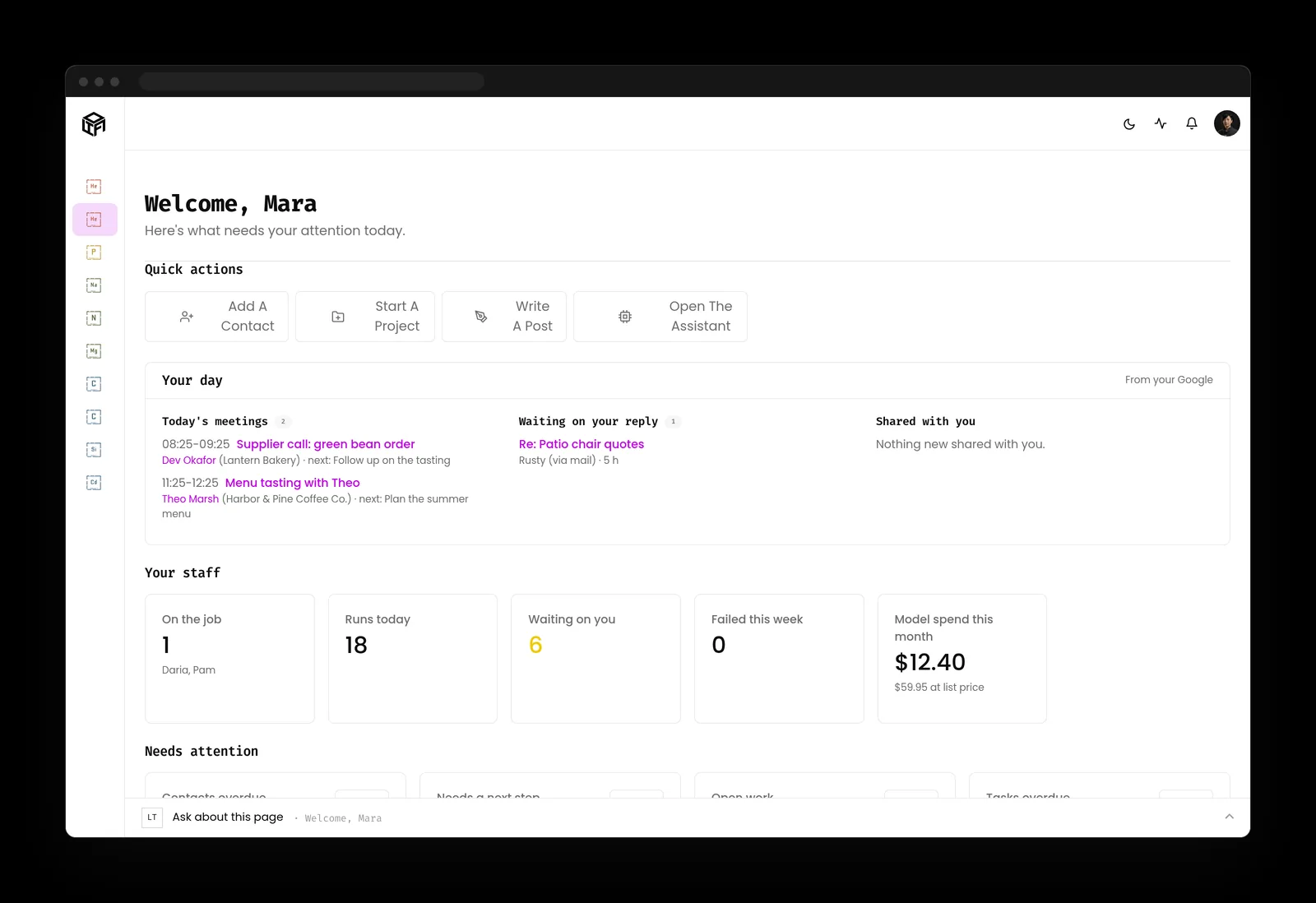 Home dashboard with quick actions, a day view of meetings and mail waiting on a reply, and staff tiles for jobs, runs and waiting items.