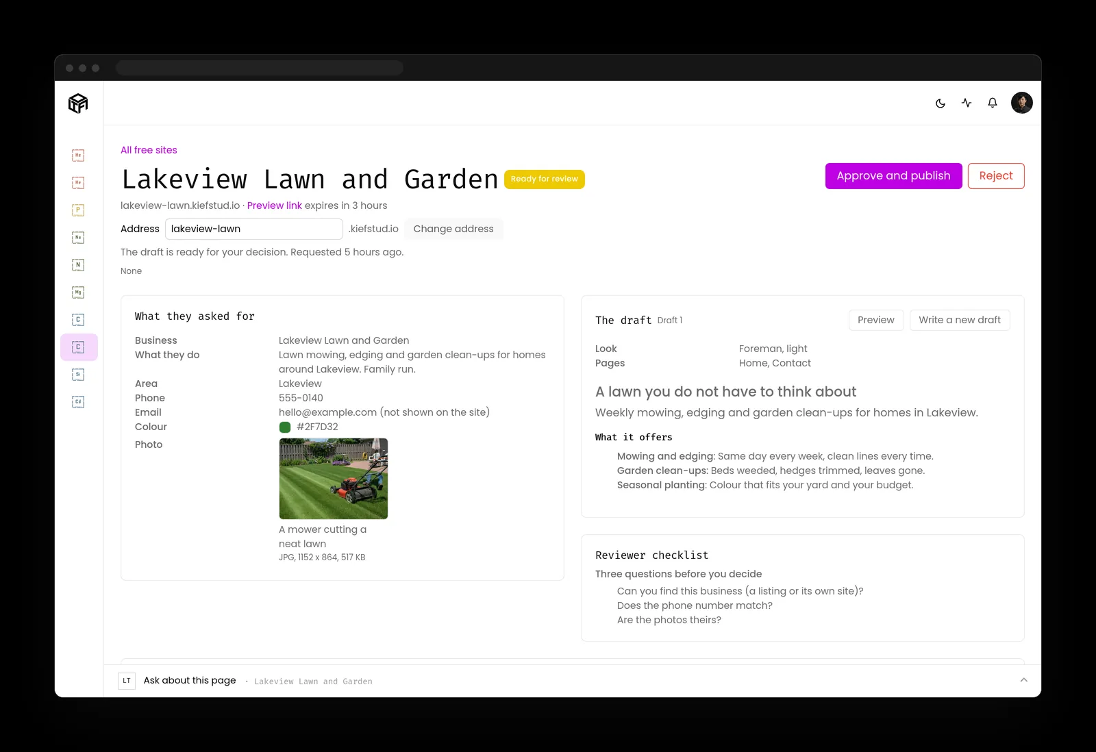 Free site review page for a lawn care business with the original request, the drafted copy, a reviewer checklist and an Approve and publish button.