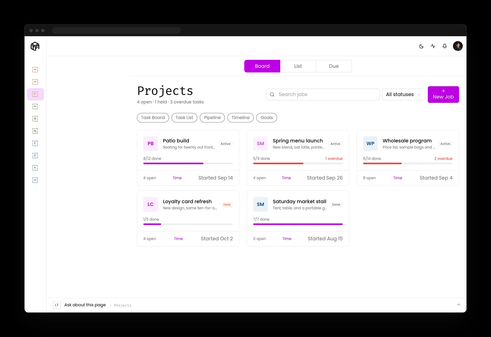 Projects board with five job cards showing progress bars, open task counts, overdue flags and status labels such as Active, Held and Done.