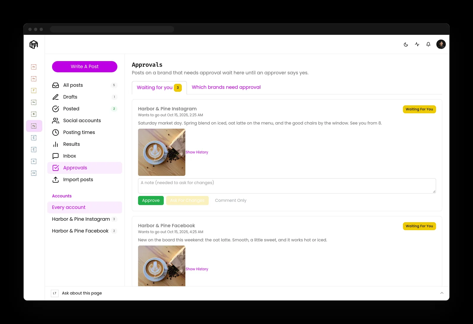 Social approvals page listing two scheduled posts for a coffee shop, each with a photo, a note box and a green Approve button.