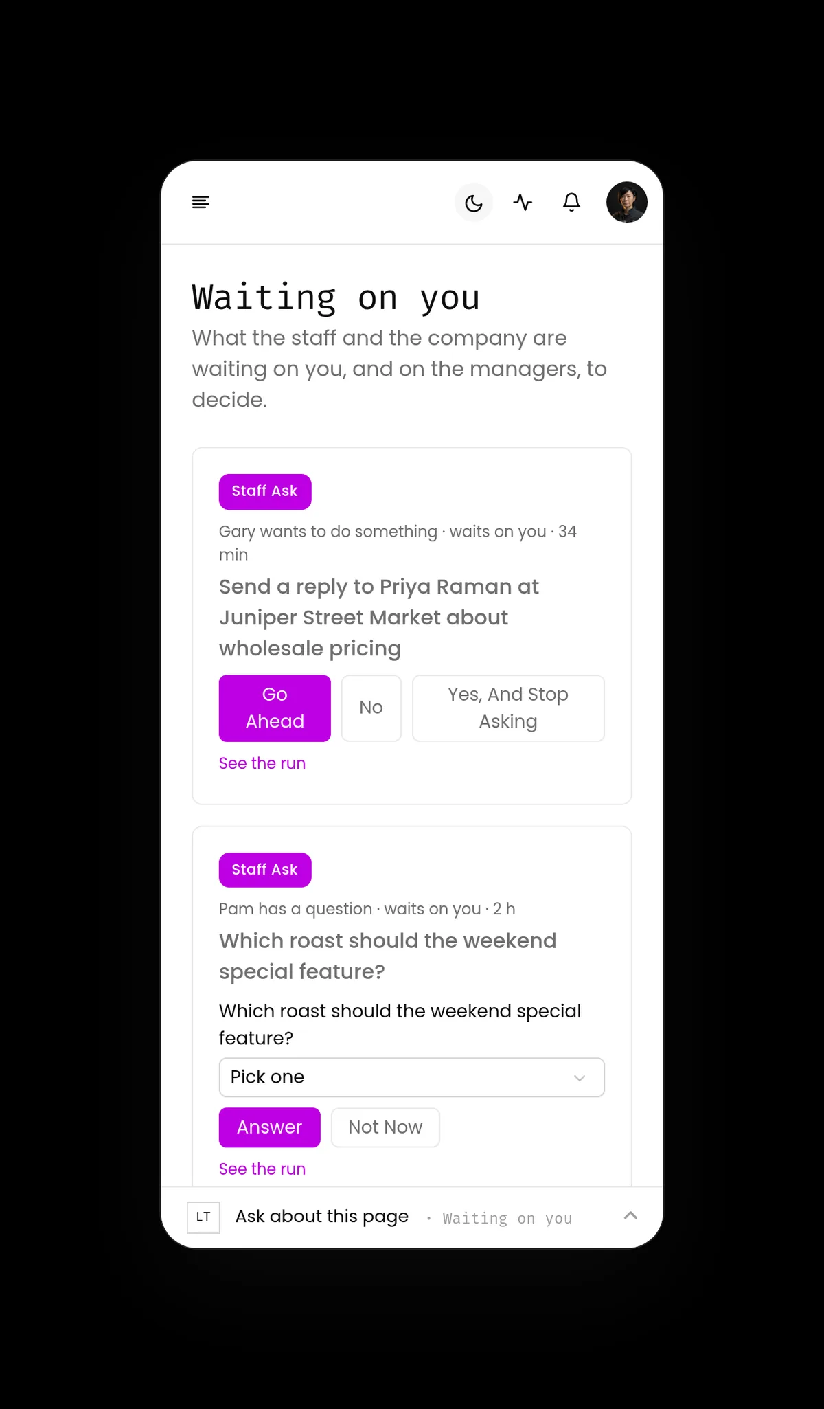 Phone view of the Waiting on you queue with two staff asks, each showing Go ahead, No and answer buttons for the person to choose.