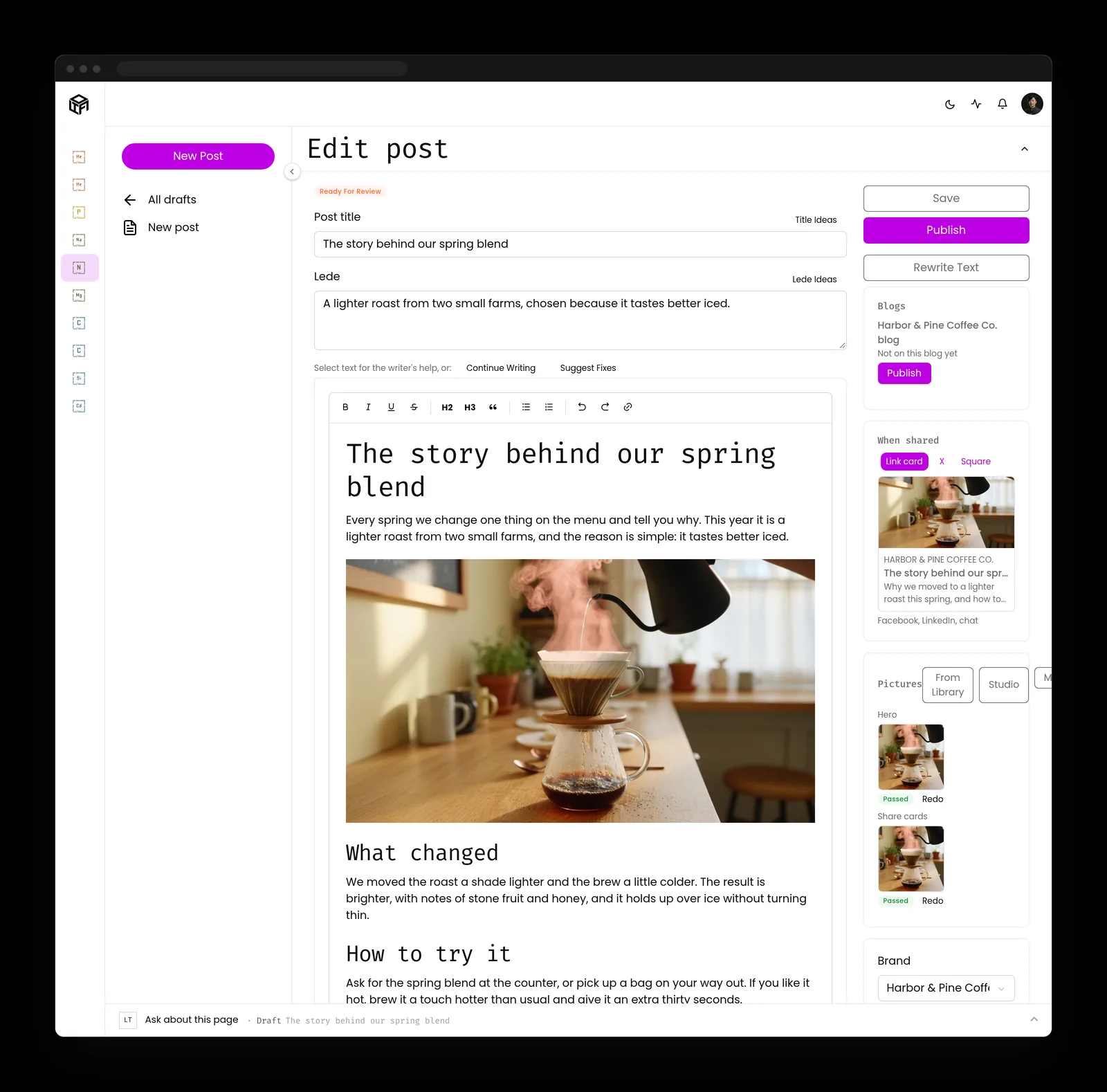 Blog post draft in review with a steaming pour-over coffee photo in the body, share card previews, and Publish and Rewrite buttons on the right.